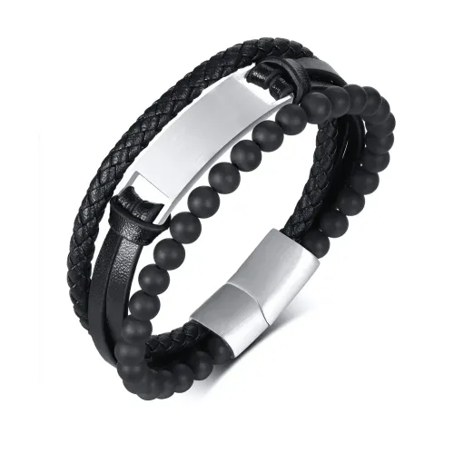 BTM457 Titanium Steel Leather Stainless Steel Blank Curved Sign Black Agate Leather Rope Bracelet Black