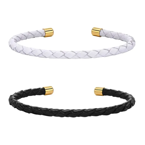 BTM355 Jewelry Stainless Steel Black White Leather Cord Bracelet Gold