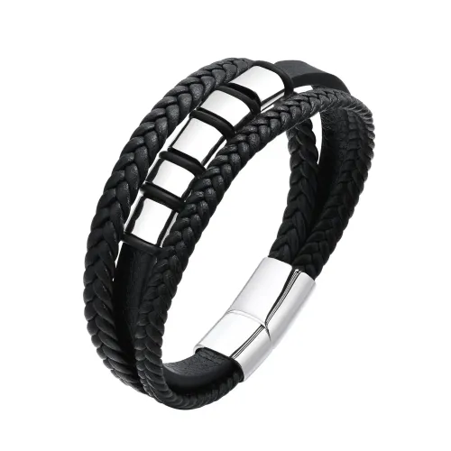 BTM434 Men's magnetic buckle jewelry stainless steel five accessories three-layer PU leather bracelet with engraving