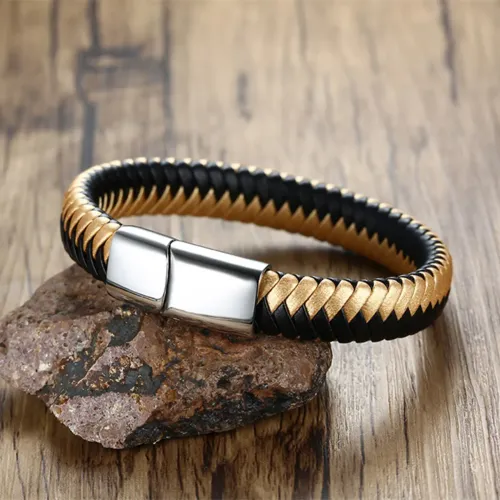 BTM383 Jewelry Men's Leather Stainless Steel Yellow and Black Double Woven Microfiber Leather Bracelet Jewelry