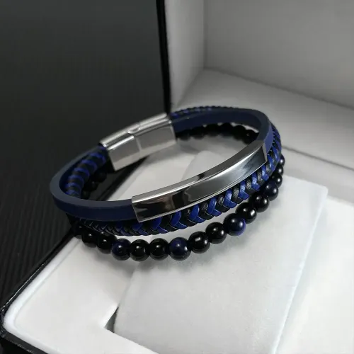 BTM231 Black Glass Beads Men's Bracelet Hip Hop Braided Leather Magnetic Bracelet