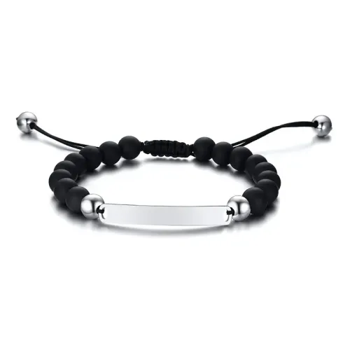 BTM398 Engravable stainless steel curved brand matte black agate beaded nylon rope braided bracelet for men adjustable
