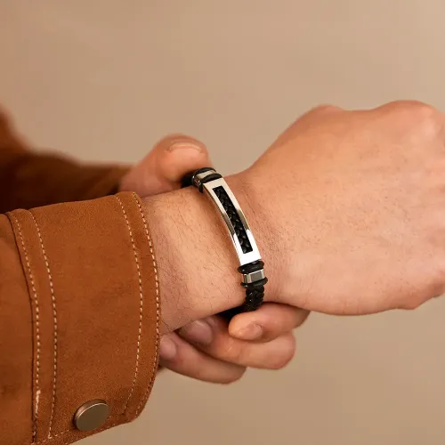 BTM300 -woven leather bracelet dark style stainless steel bracelet for men