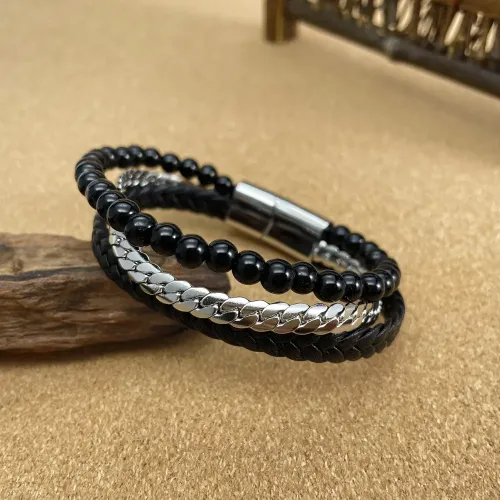 BTM281 Design Glass Beads Bead Bracelet Multi Layer Braided Stainless Steel Men's Bracelet