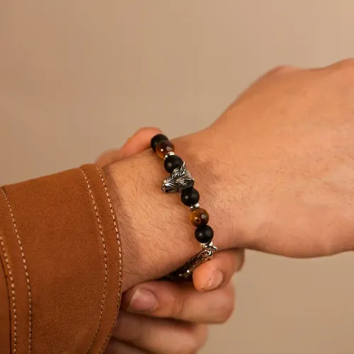 BTM323 Stainless steel wolf head spliced tiger eye stone bracelet for men