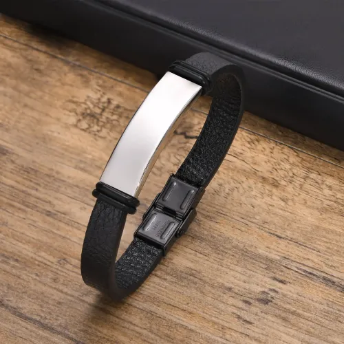 BTM431 Stainless steel black curved leather bracelet black jewelry can be engraved