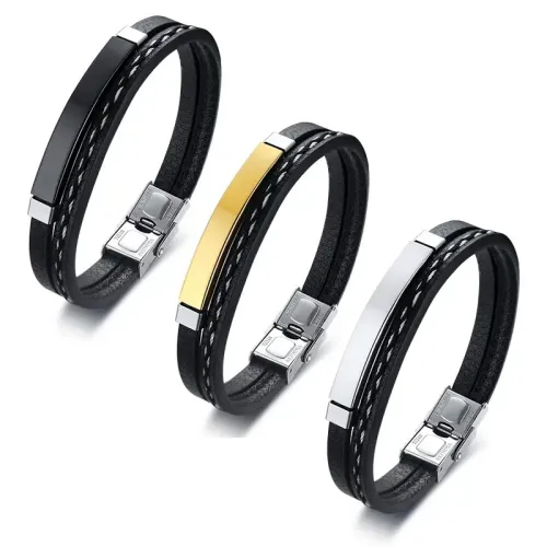 BTM452 Stainless steel leather bracelet curved PU leather braided bracelet style black men