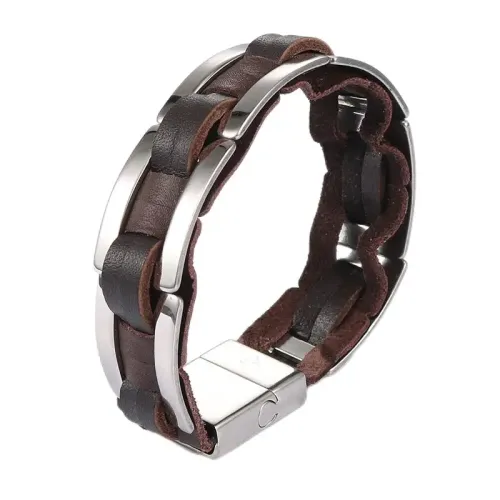 BTM584 Men's Leather Cord Bracelet Stainless Steel Bracelet Jewelry