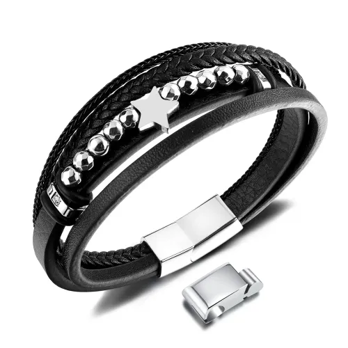 BTM278 High-end men's stainless steel five-pointed star -woven 3-section buckle leather bracelet