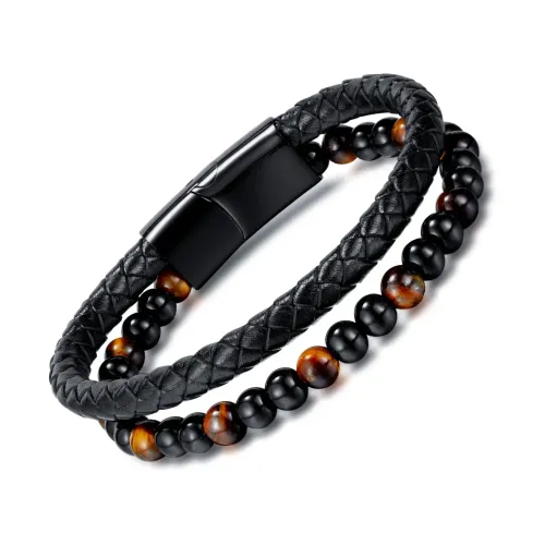 BTM100 Red Tiger Eye Stone Men's Bracelet Woven Leather Bracelet