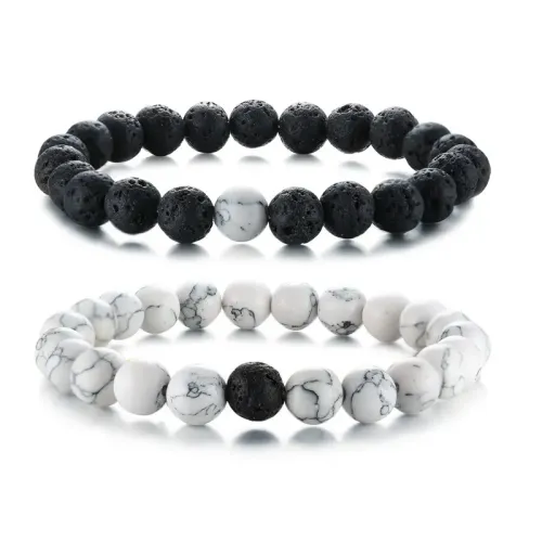 BTM453 Men's women's volcanic stone white turquoise beaded elastic cord bracelet jewelry
