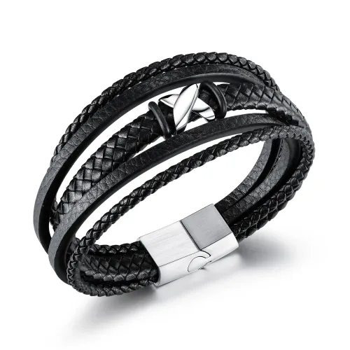 BTM184 Men's multi-layered braided leather bracelet stainless steel X-shaped leather bracelet