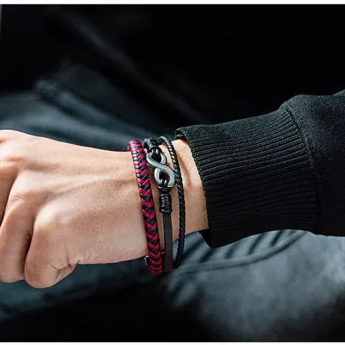 BTM191 Leather Braided Titanium Steel Men's Leather Bracelet Red and Black Leather Bracelet