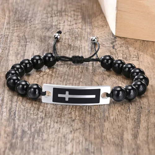 BTM400 Bracelet stainless steel curved cross black onyx tiger eye stone beaded braided bracelet