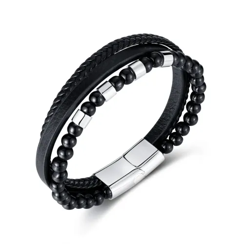 BTM177 Multilayer Braided Black Onyx Beaded Stainless Steel Leather Bracelet