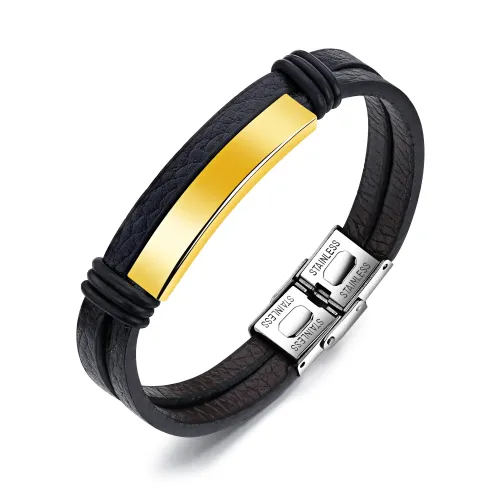 BTM332 Black stainless steel men's leather bracelet double layer