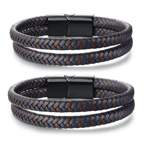 BTM564 Stainless steel leather bracelet for men black magnet buckle microfiber leather braided stainless steel bracelet