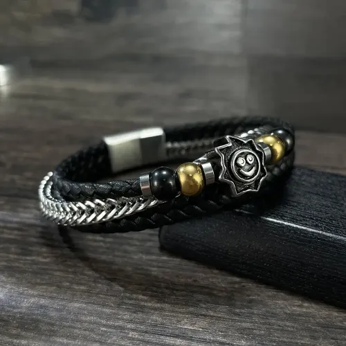 BTM181 Stainless Steel Sun Smiley Braided Multi-Layered Magnetic Clasp Leather Bracelet