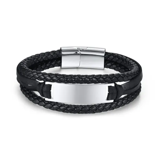 BTM456 Stainless Steel Men's Leather Bracelet Blank Curved Tag Microfiber Leather Bracelet Steel Color