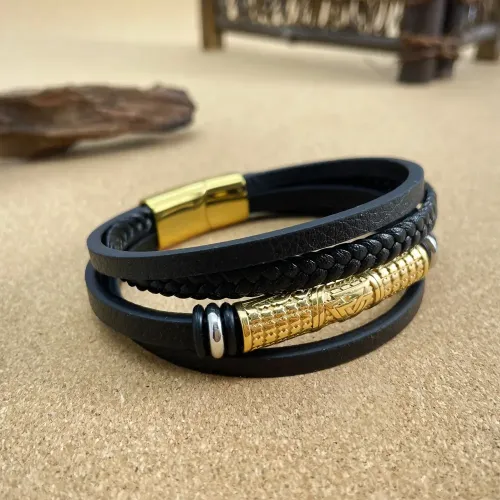 BTM98 Men's Leather Multi-Layered Woven Stainless Steel Bracelet