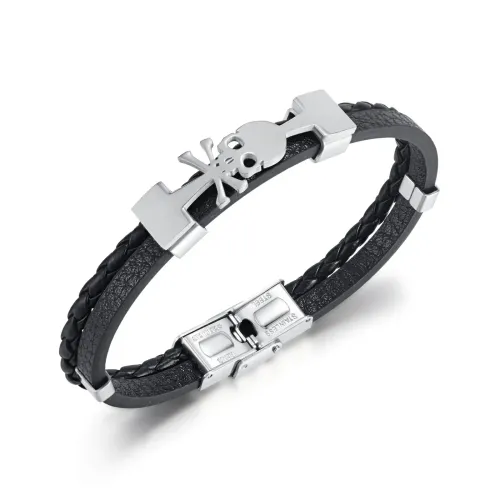 BTM105 Titanium steel skull design multi-layered woven leather bracelet for men