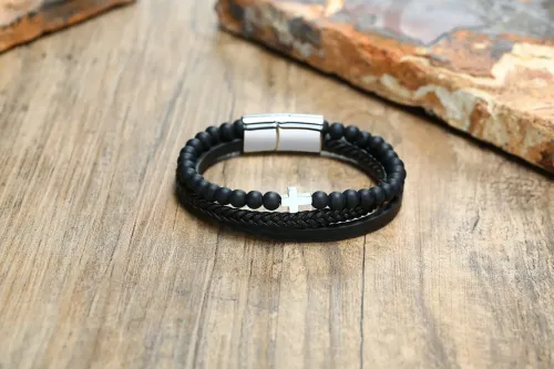 BTM462 Stainless steel cross black agate beaded microfiber leather three-layer bracelet steel color men's style