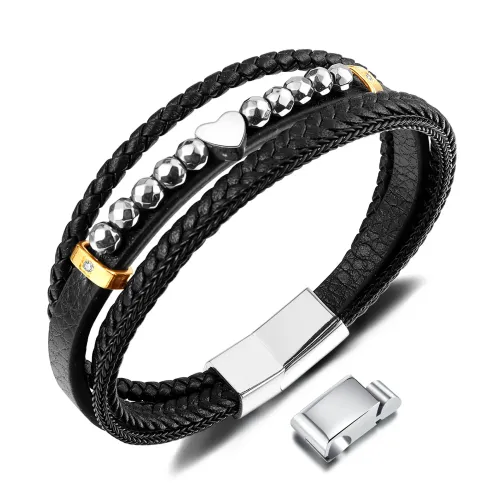 BTM269 Wind braided multi-layered love leather bracelet for men stainless steel 3-section magnetic buckle bracelet