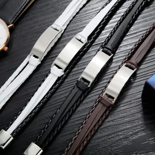 BTM119 Multi-layer braided men's leather bracelet with glossy engraving