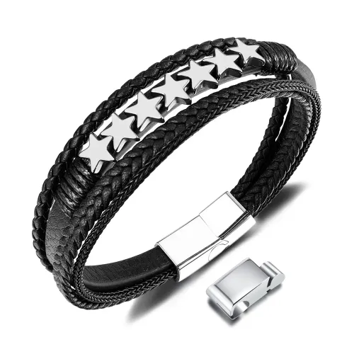 BTM270 -woven multi-layer leather bracelet stainless steel men's punk style 3-section magnetic buckle bracelet