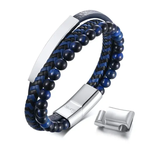 BTM435 Stainless steel curved matte agate microfiber leather three-layer bracelet steel color for men