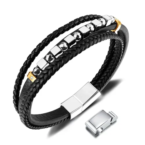 BTM271 Year Woven Multi-Layered Leather Bracelet Stainless Steel 3 Section Magnetic Clasp Men's Bracelet