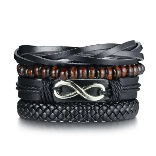 BTM513 Fashionable four-piece set of alloy infinity wooden beads PU leather bracelet
