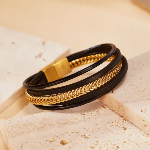 BTM275 Leather stainless steel multi-layered leather bracelet for men