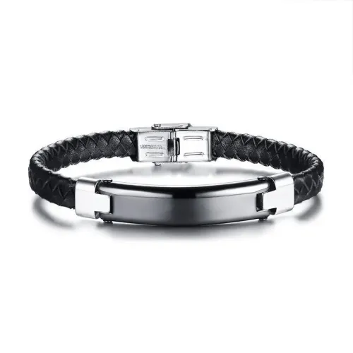 BTM544 Jewelry leather men's bracelet stainless steel curved leather black men's bracelet with engraving