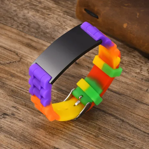 BTM433 Engravable curved sign silicone bracelet stainless steel blank curved sign color black silicone bracelet