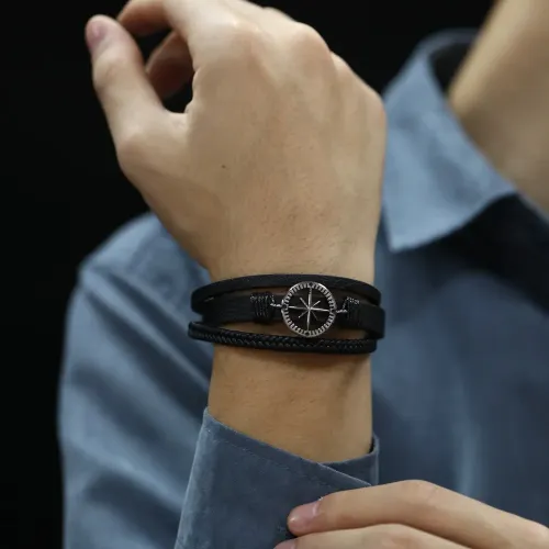 BTM313 -woven men's leather bracelet hip-hop style round brand eight-pointed star leather bracelet