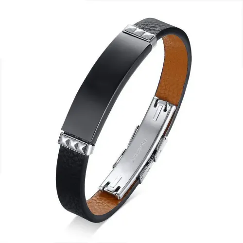 BTM533 Laser engraving bracelet stainless steel curved leather bracelet men's trendy black bracelet