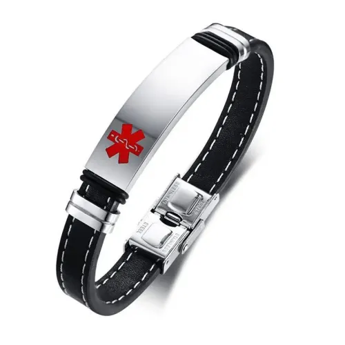 BTM519 Engraved 12MM stainless steel medical logo curved microfiber leather bracelet