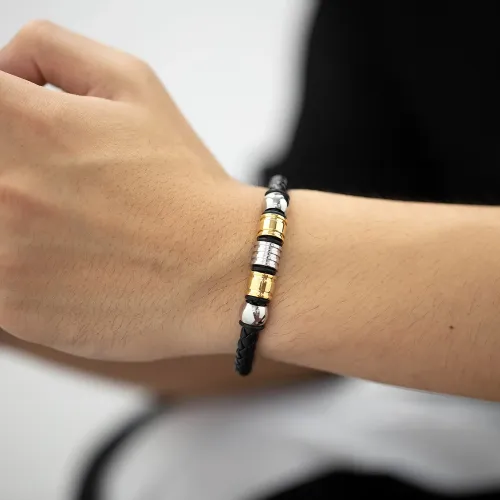 BTM94 Men hip hop stainless steel bracelet braided leather bracelet