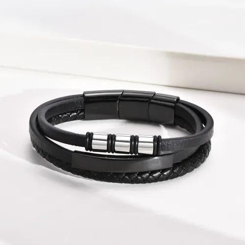 BTM459 Titanium steel men's leather bracelet stainless steel curved three-layer bracelet black men's model can be engraved