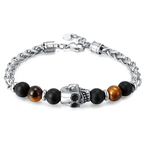 BTM324 Stainless steel skull and tiger eye stone bracelet