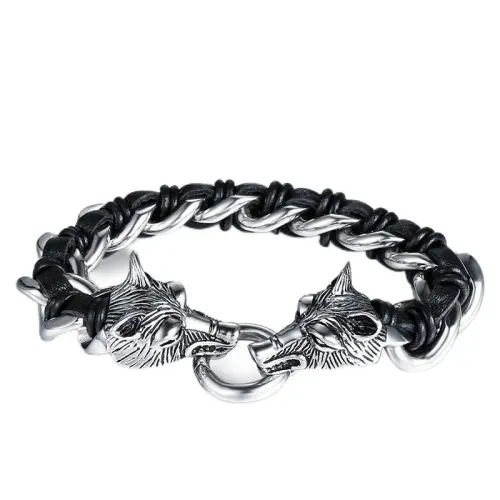 BTM574 Religious Totem Double Wolf Head Bracelet Men's Titanium Steel Bracelet
