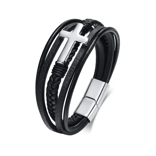 BTM486 Stainless steel cross leather bracelet black men's bracelet jewelry