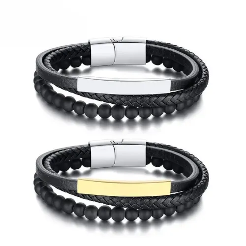 BTM404 Jewelry Bracelet Stainless Steel + Black Leather Bracelet Men's Bracelet
