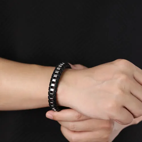 BTM252 Stainless Steel Spliced Woven Men's Magnetic Buckle Leather Bracelet
