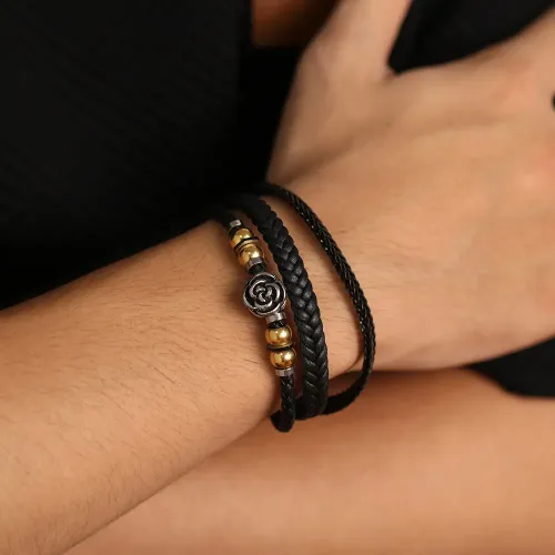 BTM179 Stainless steel design flower punk braided multi-layered leather bracelet