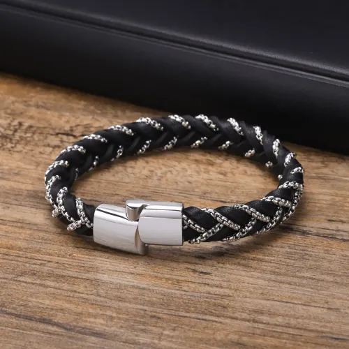 BTM384 Thick stainless steel magnetic buckle square pearl chain PU leather rope braided bracelet steel color for men