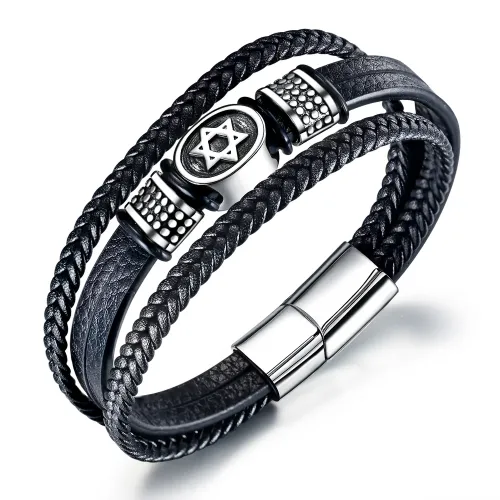 BTM257 Multi-layered braided leather bracelet Hexagram star titanium steel leather bracelet