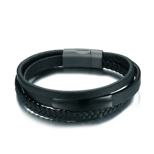 BTM565 Stainless steel leather bracelet 20.5CM stainless steel three-circle bracelet men's black bracelet