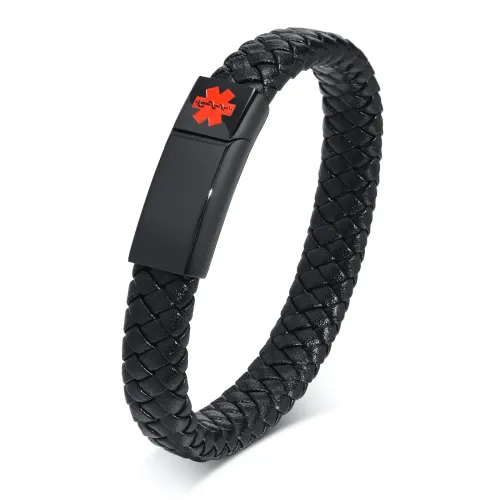 BTM374 Stainless Steel Magnetic Clasp Red Medical Logo Leather Braided Bangle Bracelet Black Men